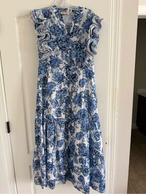 Blue Floral Ruffle Sleeve Maxi Dress